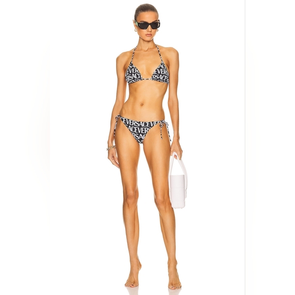 🖤 Versace Logo Print Triangle Bikini Top & Side Tie Bikini Bottom NWT - Picture 4 of 9